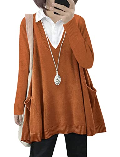 YESNO Women's Sweater with Swing Hem Oversized 2022 Long Sleeve V Neck Knit Pullover Tops Tunic Sweaters with Drop Pockets S WM9TYP1 Caramel