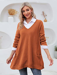 Load image into Gallery viewer, YESNO Women&#39;s Sweater with Swing Hem Oversized 2022 Long Sleeve V Neck Knit Pullover Tops Tunic Sweaters with Drop Pockets S WM9TYP1 Caramel
