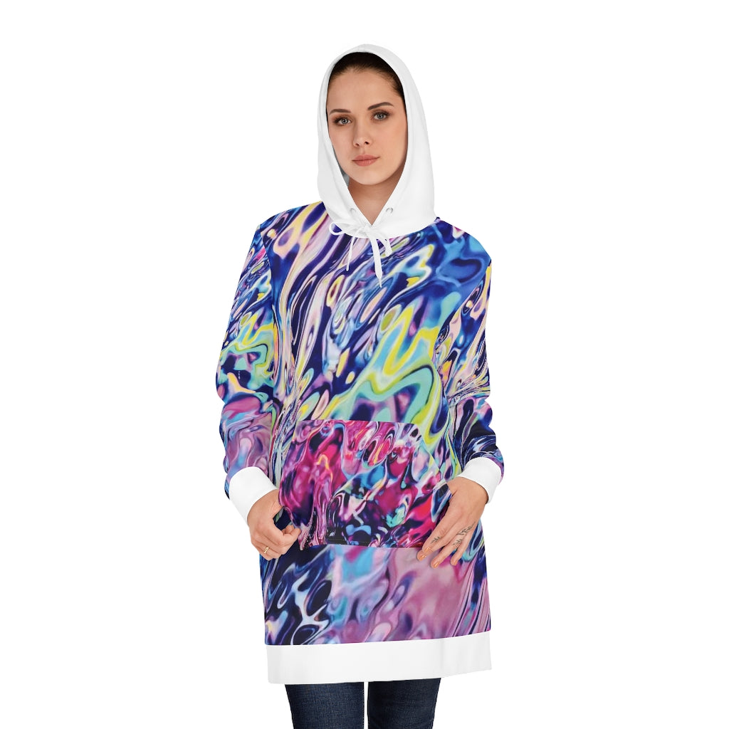 Tie Dye White and Blue Water Women's Hoodie Dress